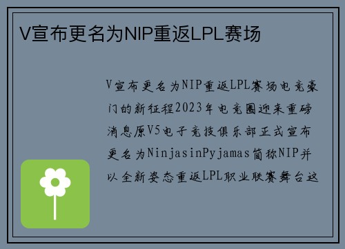 V宣布更名为NIP重返LPL赛场