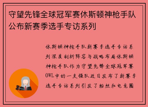 守望先锋全球冠军赛休斯顿神枪手队公布新赛季选手专访系列